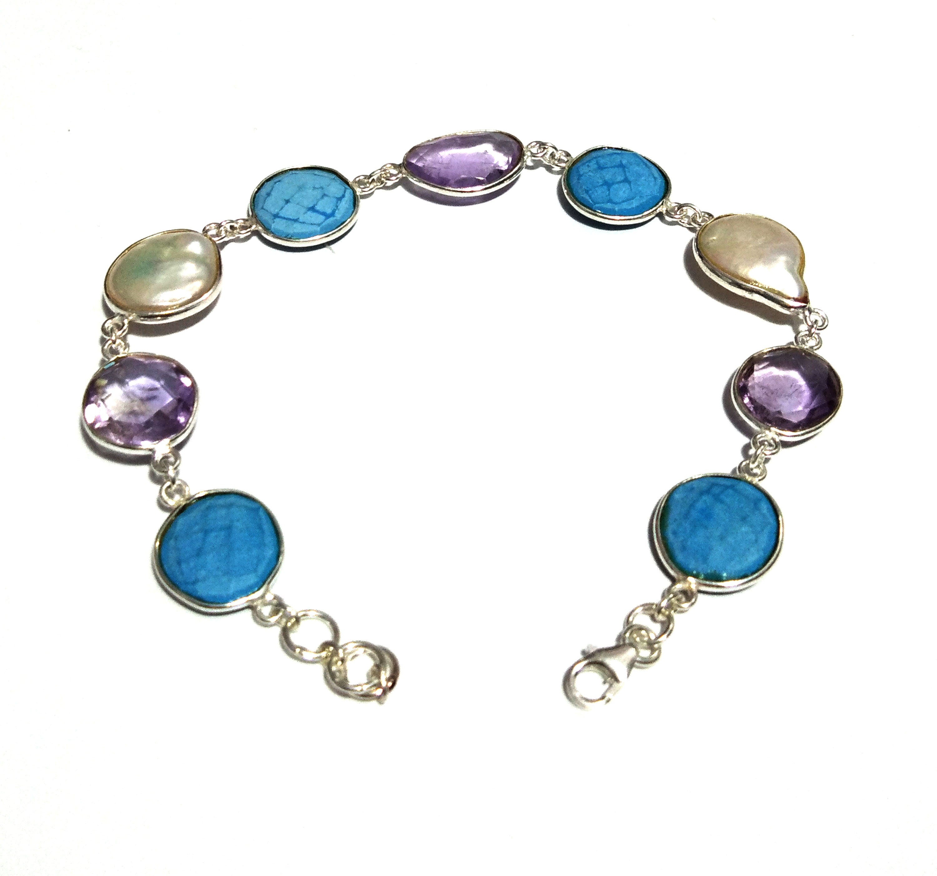 Amethyst/Water Baroque Pearl/Turquoise Stone Bracelet, 925 Sterling Silver Bracelet 8 inche Stone Size 12x12mm Valentine day Bracelet